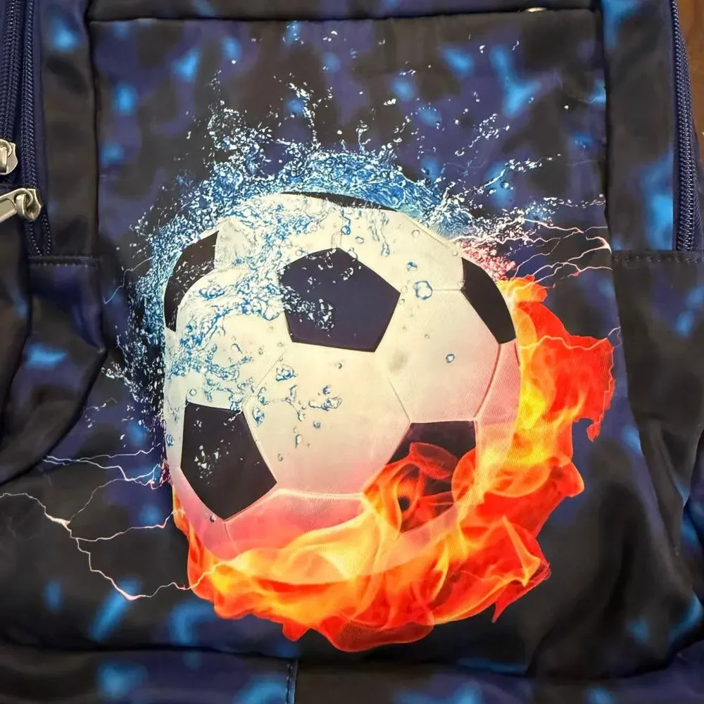 Backpack, kids, soccer ball, flames, blue black tie dye, multi-compartment